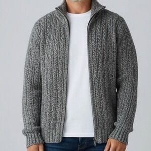 mac & jac Mens Gray Marled 100% Wool Ribbed Quarter Zip Mock Neck Sweater Size M